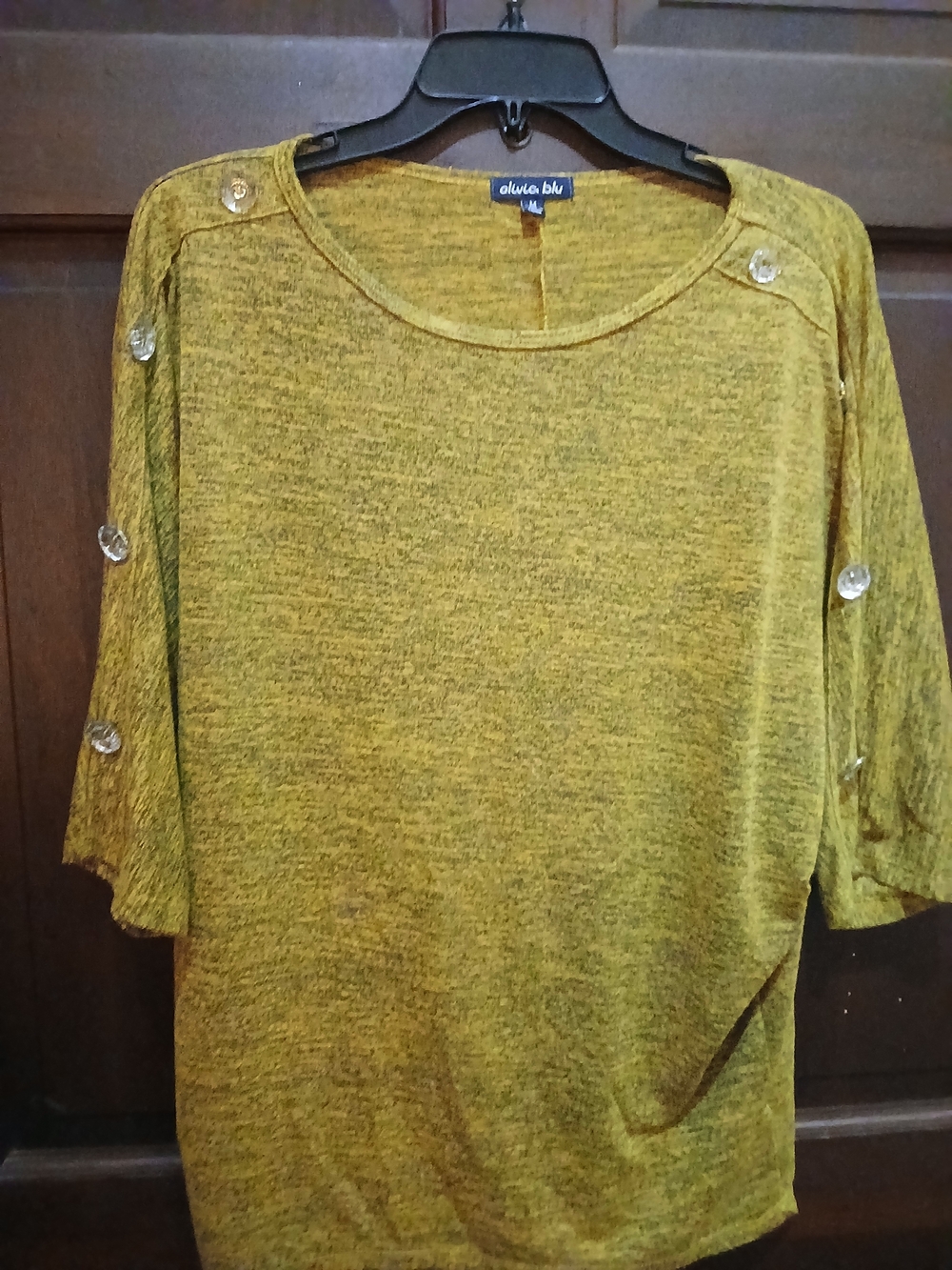 Olivia Blu Women's Mustard Gold Large Buttons On Sleeve Pullover Top Size M